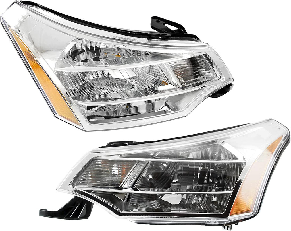 Headlight Assembly Compatible with 2008-2011 Ford Focus Halogen, Set of 2, Driver and Passenger Side, Clear Lens; Chrome Interior