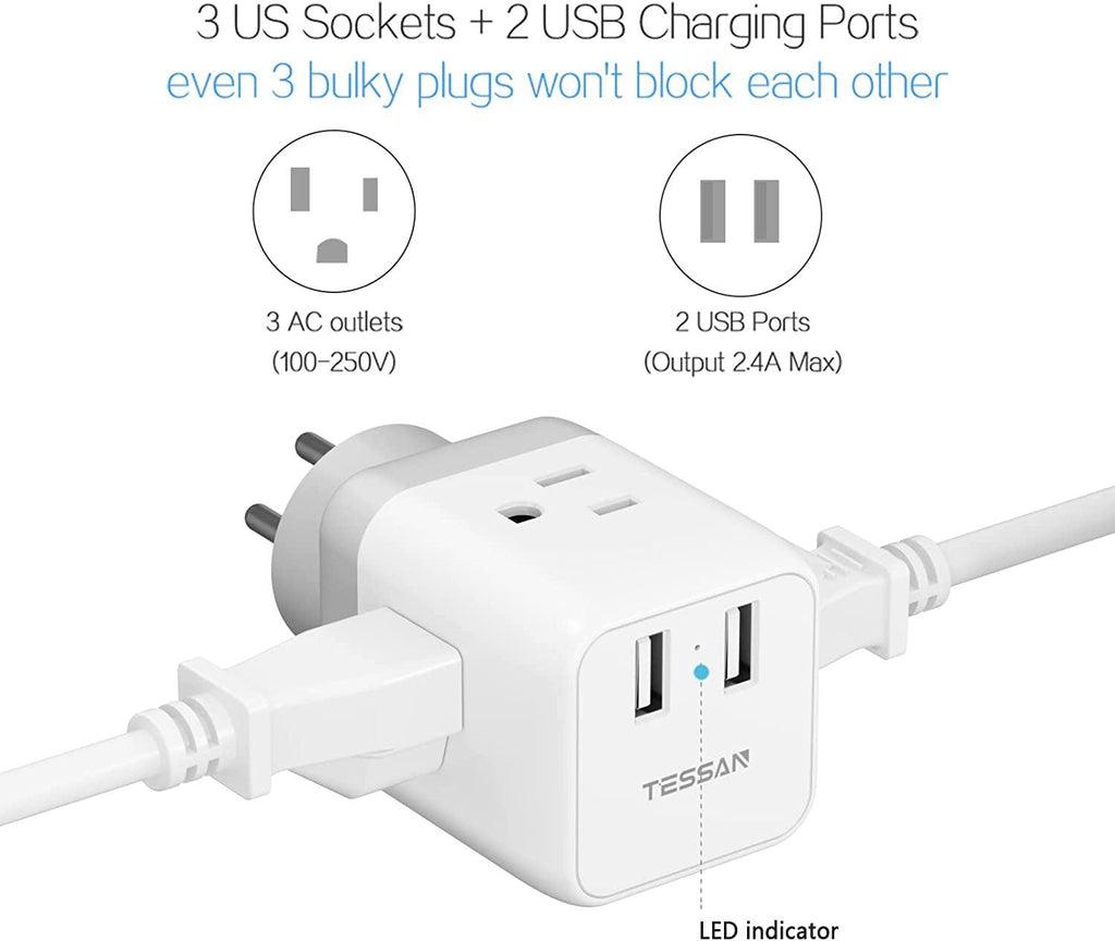 Israel Power Adapter -  US to Israel Plug Adapter with 3 Outlets 2 USB Charging Ports, Power Outlet Converter for Israel, Palestine, Jerusalem, Holy Land, Gaza Strip, Type H Output