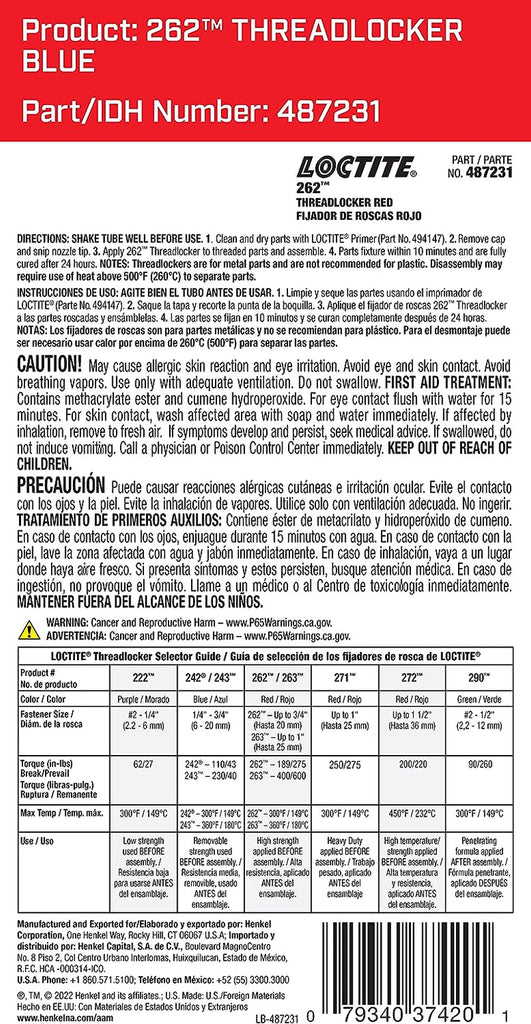 LOCTITE 262 Threadlocker for Automotive: High-Strength, Oil Tolerant, High-Temp, Anaerobic, Permanent, Works on All Metals | Red, 6 Ml Tube (PN: 37420 - 487231)