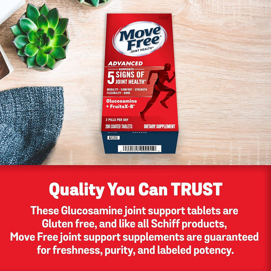 Move Free Advanced Glucosamine Chondroitin + Calcium Fructoborate Joint Support Supplement, Supports Mobility Comfort Strength Flexibility & Bone - 200 Tablets (100 servings)*