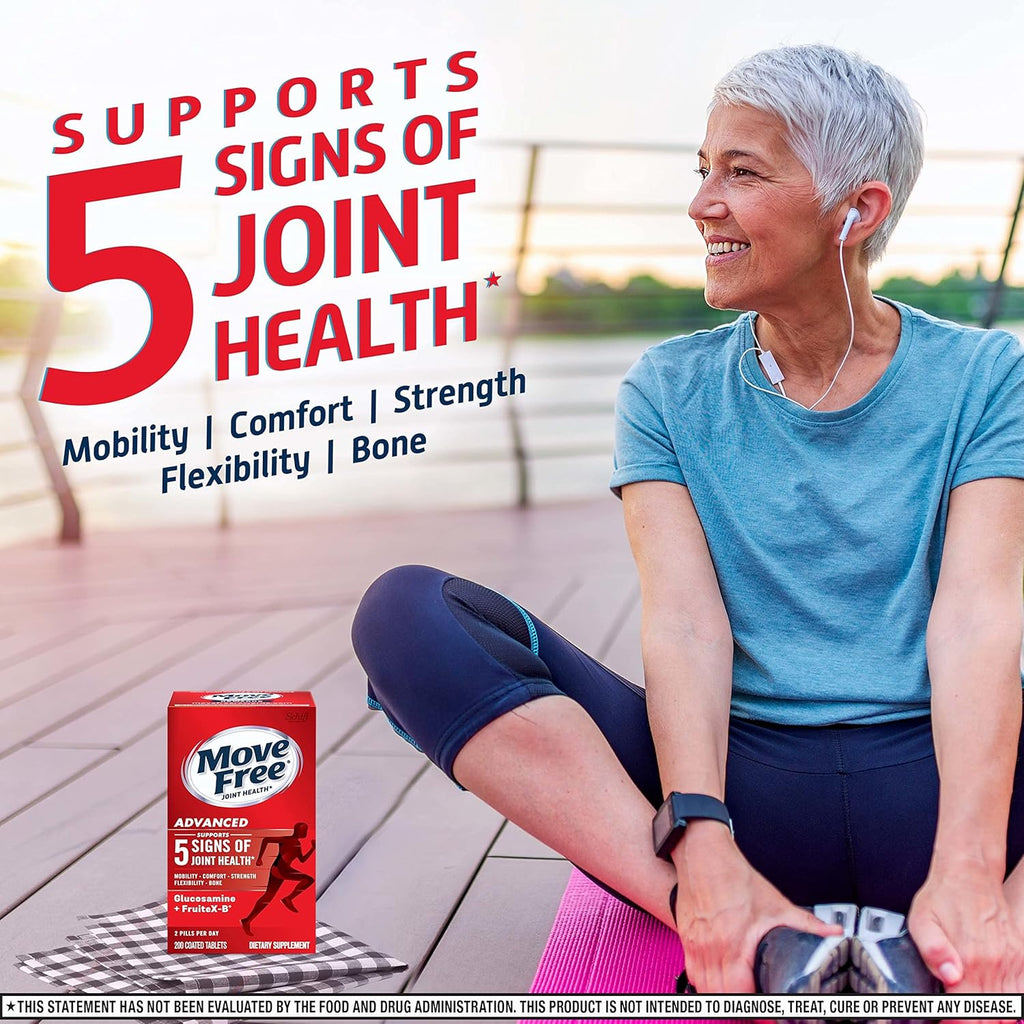 Move Free Advanced Glucosamine Chondroitin + Calcium Fructoborate Joint Support Supplement, Supports Mobility Comfort Strength Flexibility & Bone - 200 Tablets (100 servings)*