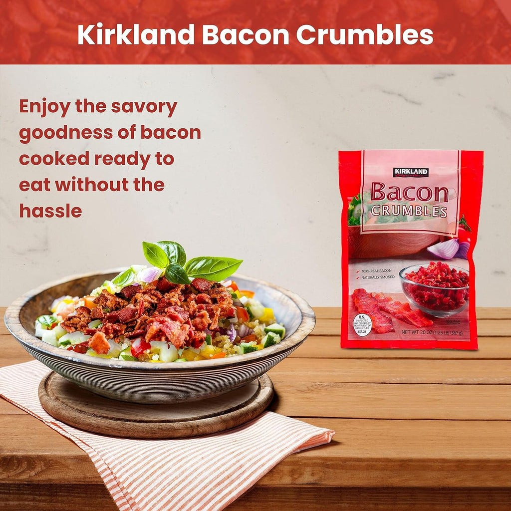 Kirkland Signature Crumbled Bacon Bits Cooked Bacon - Ready To Eat, Premium Quality 20oz w Bacon Bits Real 1 Pack Bacon Bits For Salad