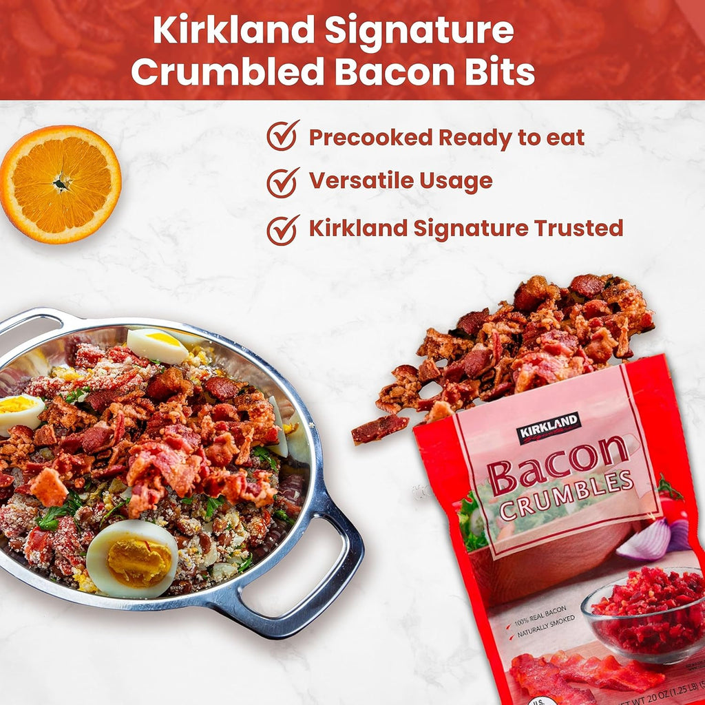 Kirkland Signature Crumbled Bacon Bits Cooked Bacon - Ready To Eat, Premium Quality 20oz w Bacon Bits Real 1 Pack Bacon Bits For Salad