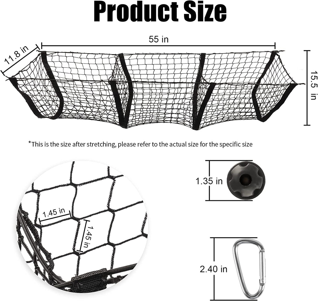 Amiss Heavy Duty Mesh Cargo Net, 3 Pocket Trunk Bed Storage Organizer Compatible for SUV, Car, Pickup Truck Bed, Etc.With 4 Metal Hooks (11.8��11.8��47.3 Inch), Black