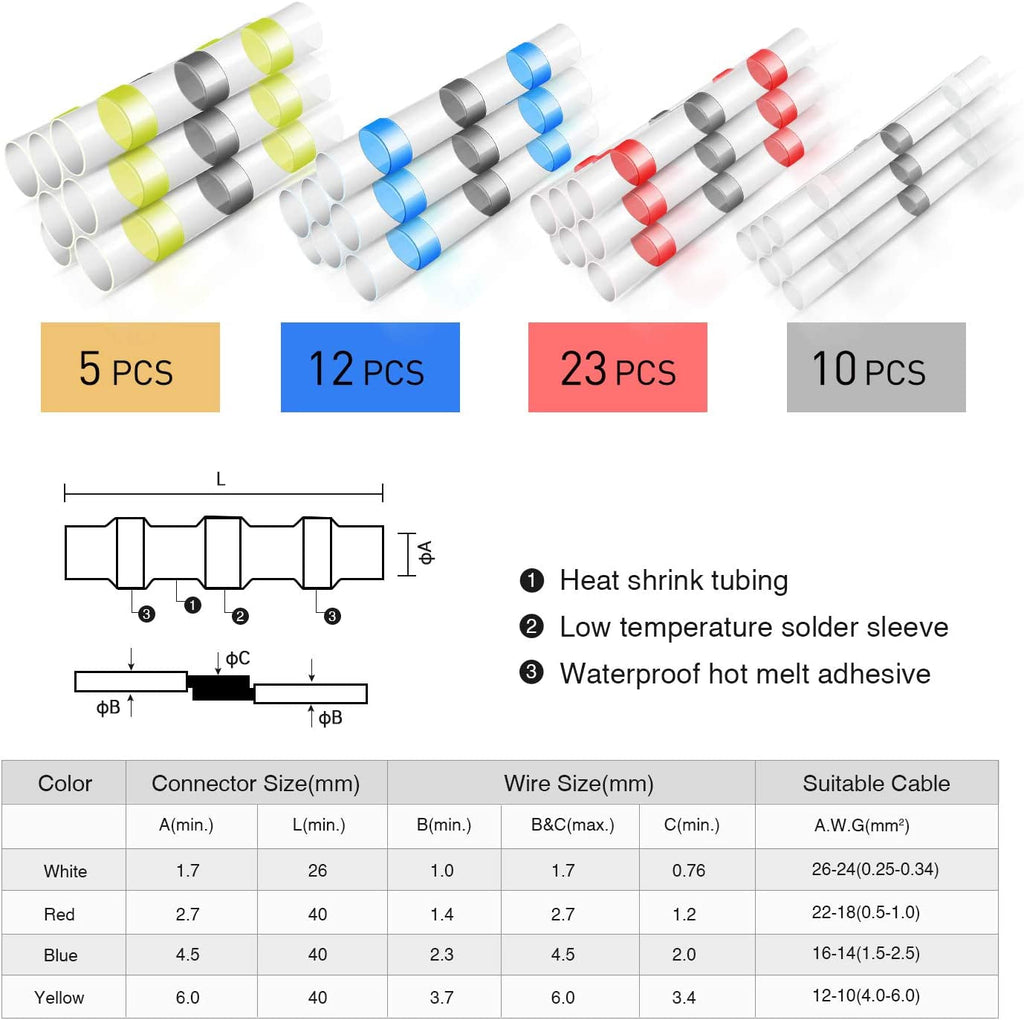 Nilight - 50025R 50Pcs Solder Seal Wire Connector, Solder Seal Heat Shrink Butt Connectors,Electrical Waterproof Insulated Marine Automotive Copper(23Red 12Blue 10White 5Yellow),2 Years Warranty