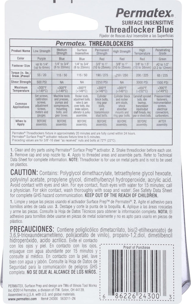 Permatex 24300-6PK Surface Insensitive Threadlocker Blue, 0.34 Oz. (Pack of 6)