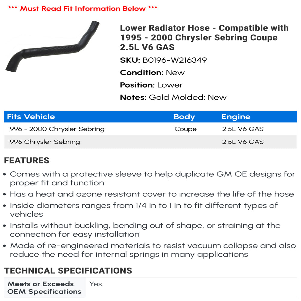 Lower Radiator Hose - Compatible with 1995 - 2000 Chrysler Sebring Coupe 2.5L V6 GAS 1996 1997 1998 1999