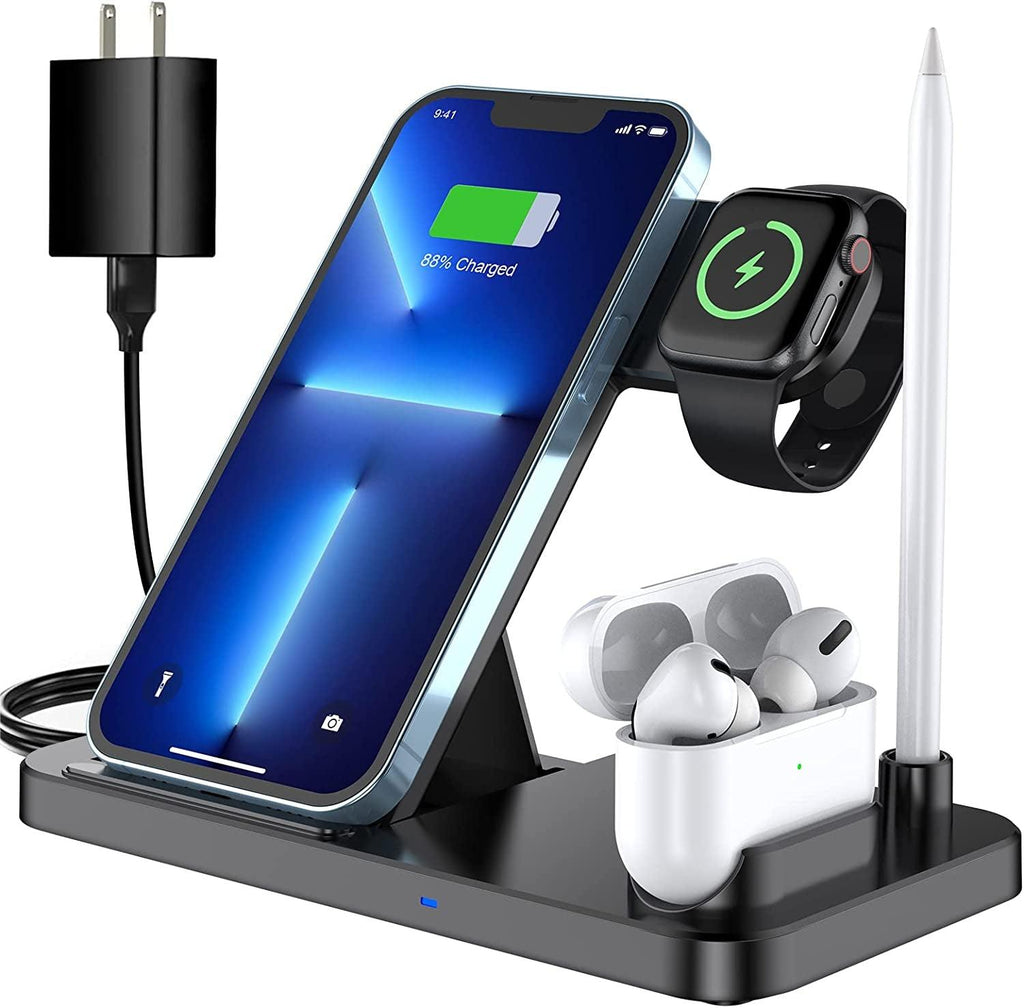 Wireless Charger,  4 in 1 Foldable Fast Charging Station Compatible Iwatch & Airpods & Apple Pencil, Iphone 14/13/12/11Series(Pro & Pro Max)/X/Xs/Xs/8, Android Phone(With QC3.0 Adapter)