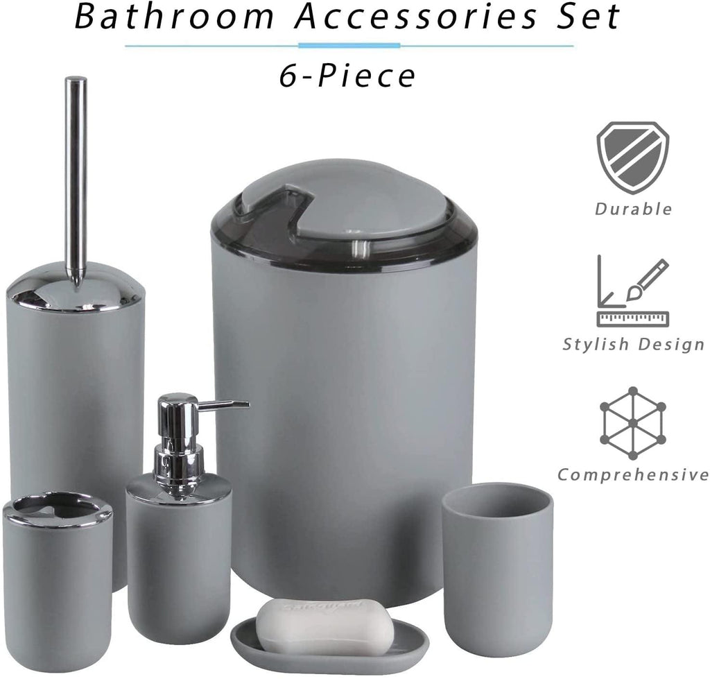 Bathroom Accessories Set, 6-Piece Plastic Gift Set, Toothbrush Holder, Toothbrush Cup, Soap Dispenser, Soap Dish, Toilet Brush Holder, Trash Can (Grey)