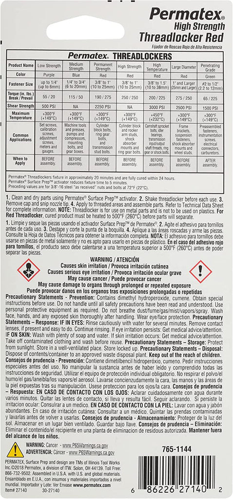 Permatex 27140 High Strength Threadlocker Red, 36 Ml