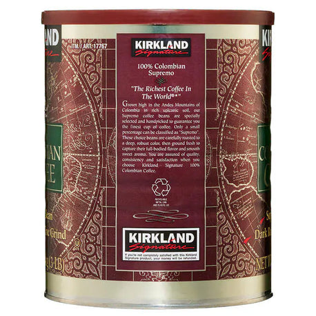 Kirkland Signature Swa 100% Colombian Coffee, Supremo Bean Dark Roast-Fine Grind, 3 Pound (2 Cans)