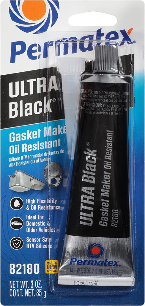 Permatex 82180 Ultra Black Maximum Oil Resistance RTV Silicone Gasket Maker, Sensor Safe and Non-Corrosive, for High Flex and Oil Resistant Applications 3 Oz