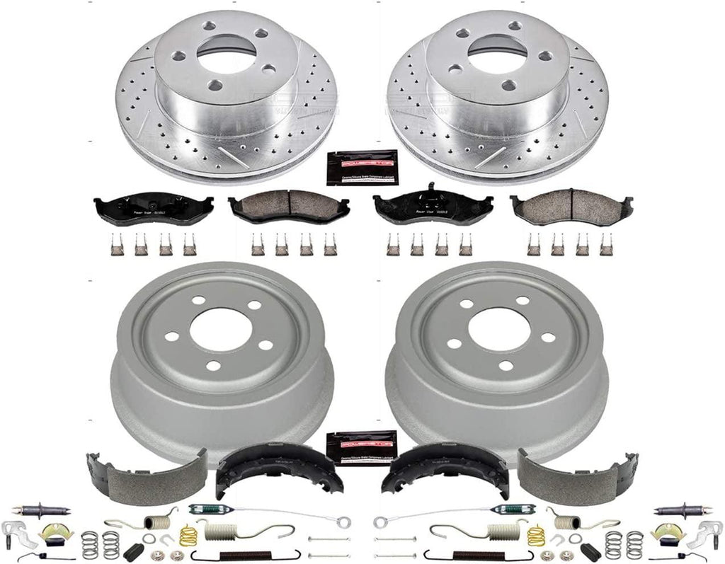 K15075DK Front and Rear Z23 Carbon Fiber Brake Pads with Drilled & Slotted Brake Drums Kit