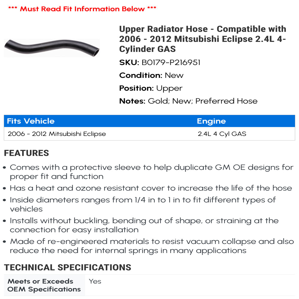 Upper Radiator Hose - Compatible with 2006 - 2012 Mitsubishi Eclipse 2.4L 4-Cylinder GAS 2007 2008 2009 2010 2011