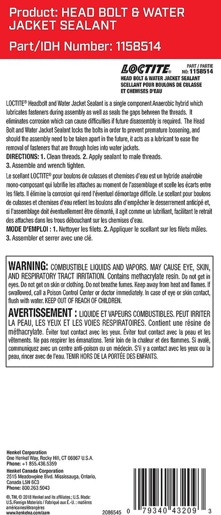 LOCTITE 1158514 Head Bolt and Water Jacket Sealant: Thread Selant, Single Component Anaerobic Hybrid, Eliminates Corrosion, Prevents Premature Loosening | 50 Ml. Tube