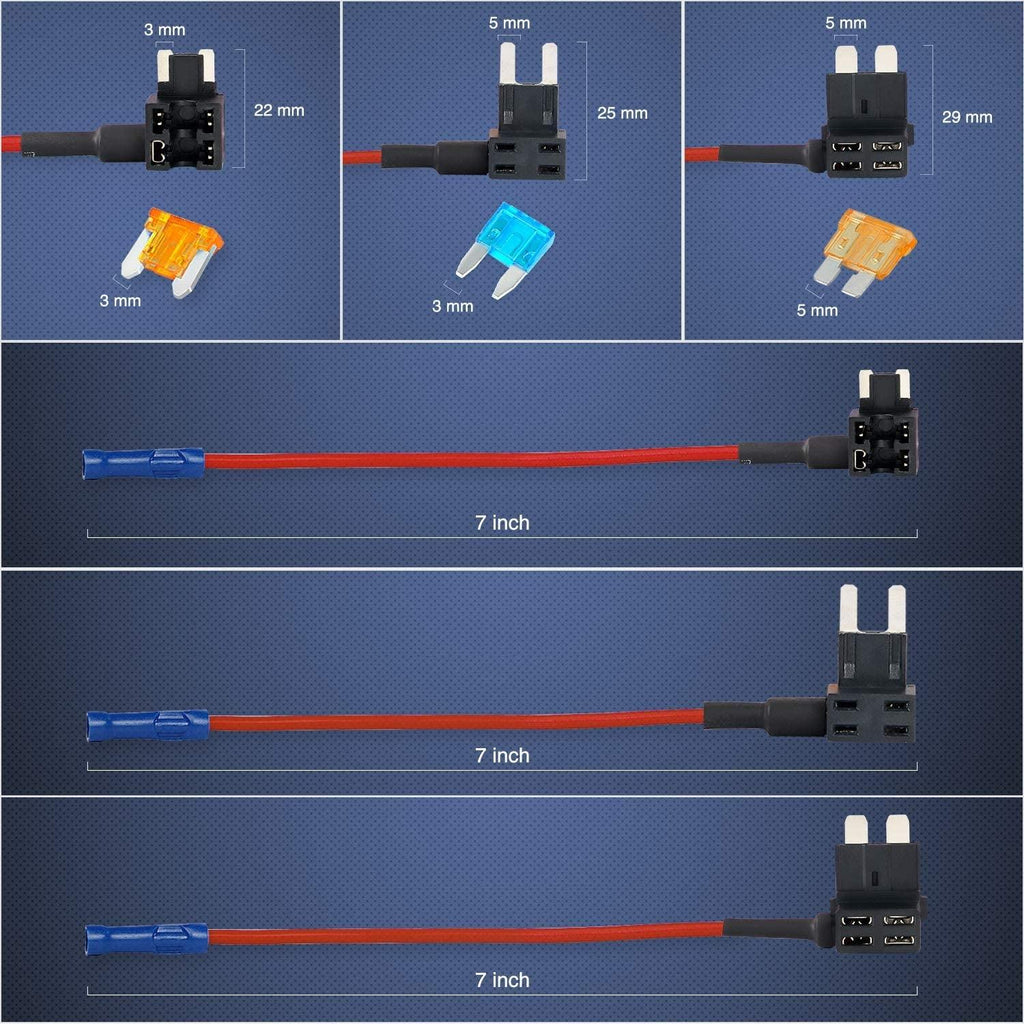 '- 50040R 12V Car Add-A-Circuit Fuse Adapter with Standard and Mini TAP Profile TAP Blade Fuse for Cars Trucks Boats, 10 Pack Fuse Holder-3 Types, 2 Years Warranty,Blue, Red, Black