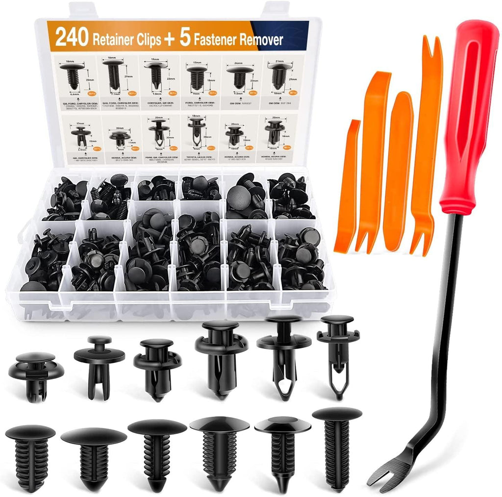 240PCS Bumper Retainer Clips Car Plastic Rivets Fasteners Push Retainer Kit Most Popular Sizes Auto Push Pin Rivets Set -Door Trim Panel Fender Clips for GM Ford Toyota Honda Chrysler