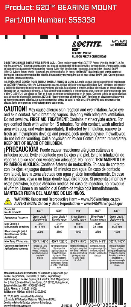 Loctite 620 High-Temperature Bearing Mount Retaining Compound: High Viscosity, Seals against Leakage, High-Strength, Locks and Secures Cylindrical Assembliesl| 36 Ml, Bottle (PN: 555338)