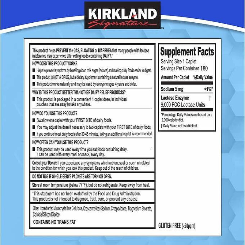 NEW ! Kirkland Signature Fast Acting Lactase 180 Caplets, FAST SHIPPING !