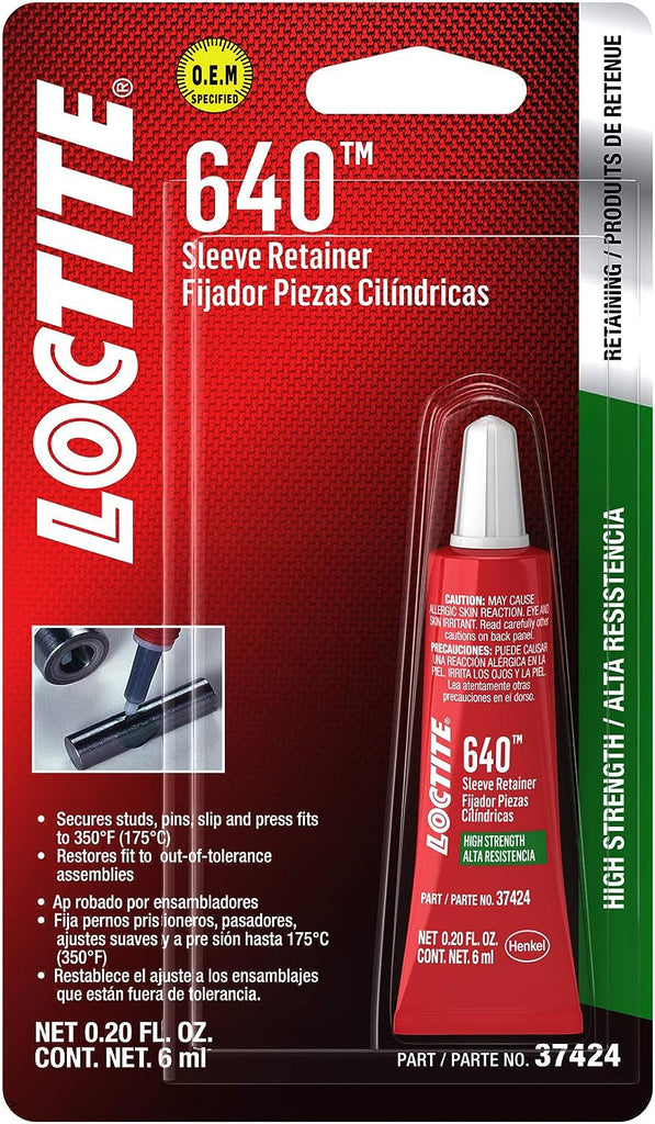 LOCTITE 640 High-Strength Sleeve Retainer, High-Temperature, High-Stength, Anaerobic Adhesive, for Large Diameter Components, Active Metals | Green, 6 Ml Tube (PN: 487235)