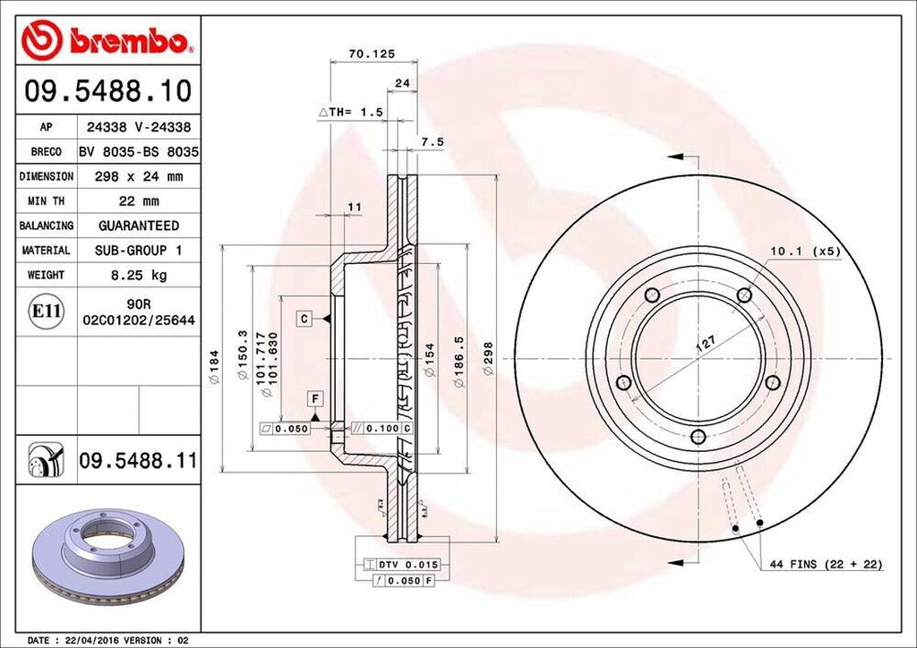 Brembo Front Disc Brake Rotor for Defender 90, Range Rover (09.5488.11)