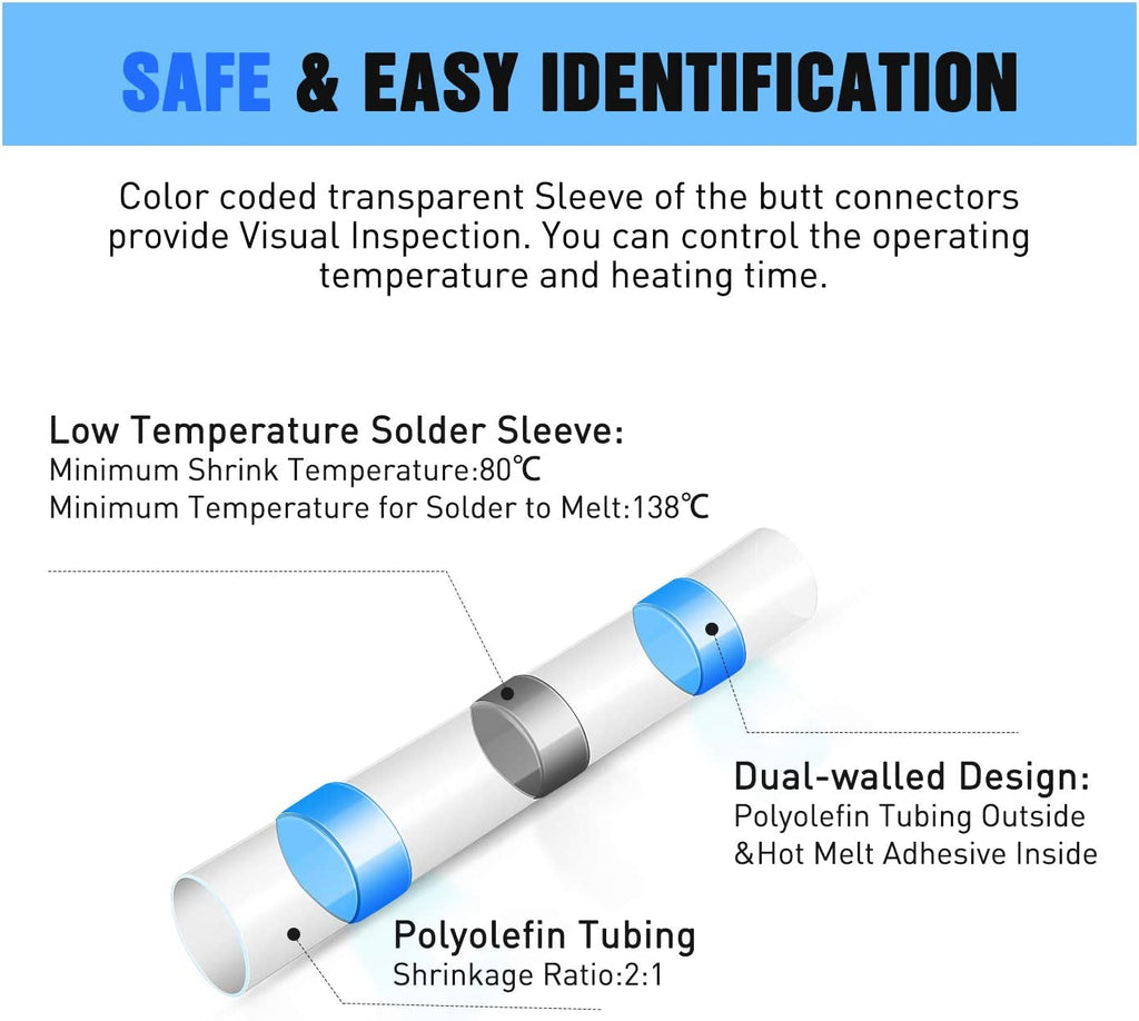 Nilight - 50025R 50Pcs Solder Seal Wire Connector, Solder Seal Heat Shrink Butt Connectors,Electrical Waterproof Insulated Marine Automotive Copper(23Red 12Blue 10White 5Yellow),2 Years Warranty