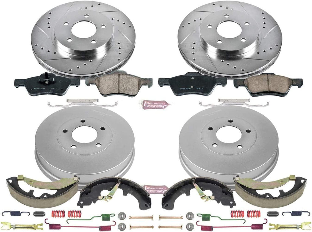 K15258DK Front and Rear Z23 Carbon Fiber Brake Pads with Drilled & Slotted Brake Drums Kit