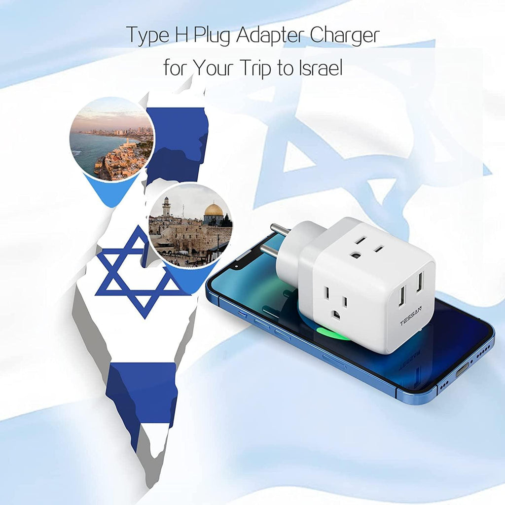 Israel Power Adapter -  US to Israel Plug Adapter with 3 Outlets 2 USB Charging Ports, Power Outlet Converter for Israel, Palestine, Jerusalem, Holy Land, Gaza Strip, Type H Output