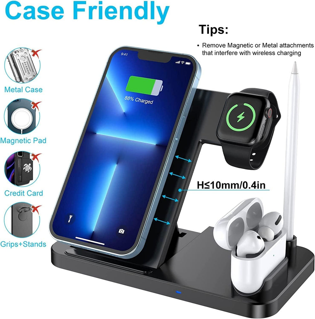 Wireless Charger,  4 in 1 Foldable Fast Charging Station Compatible Iwatch & Airpods & Apple Pencil, Iphone 14/13/12/11Series(Pro & Pro Max)/X/Xs/Xs/8, Android Phone(With QC3.0 Adapter)