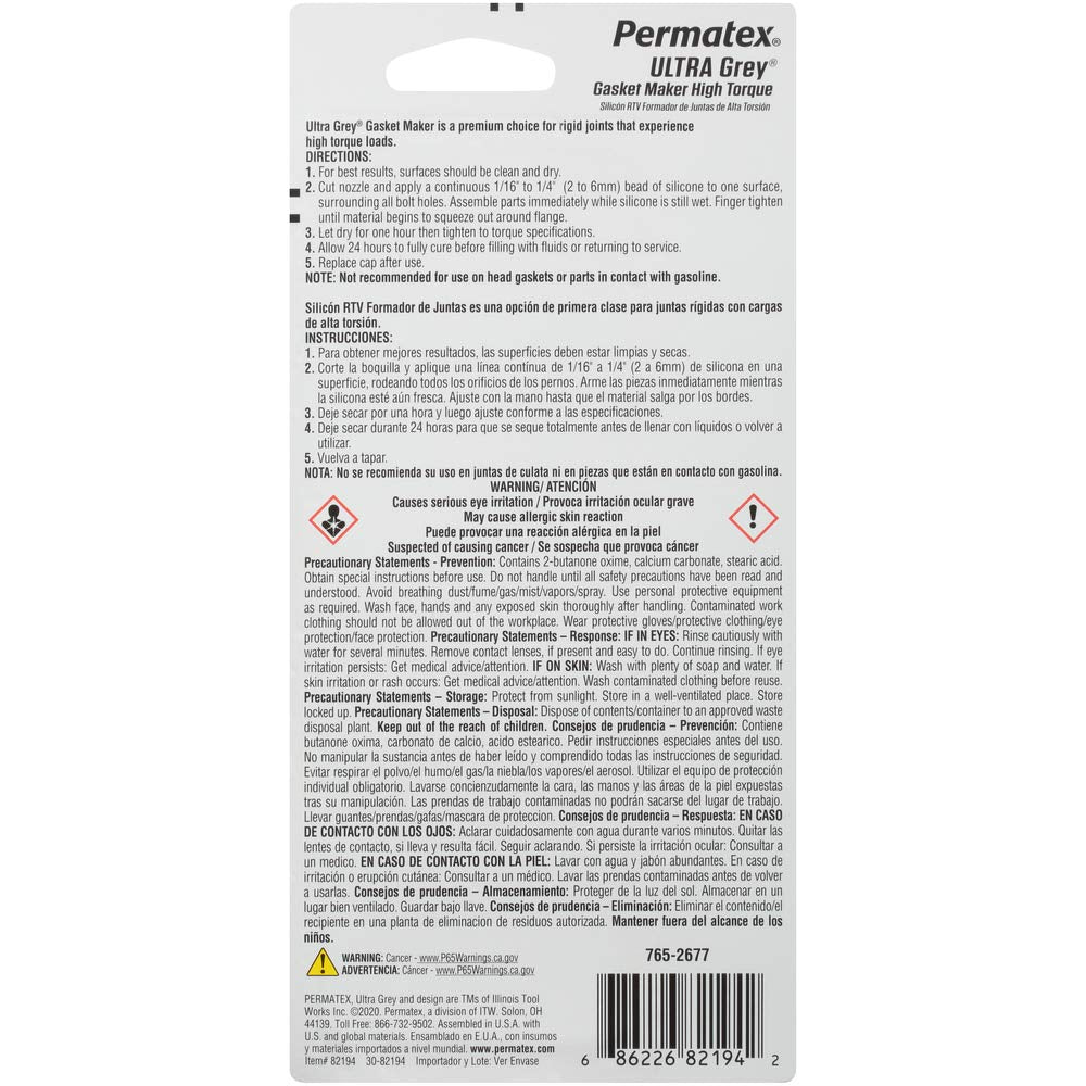 Permatex 82194 Ultra Grey Rigid High-Torque RTV Silicone Gasket Maker, 3.5 Oz. & 82180 Ultra Black Maximum Oil Resistance RTV Silicone Gasket Maker, 3.35 Oz. Tube