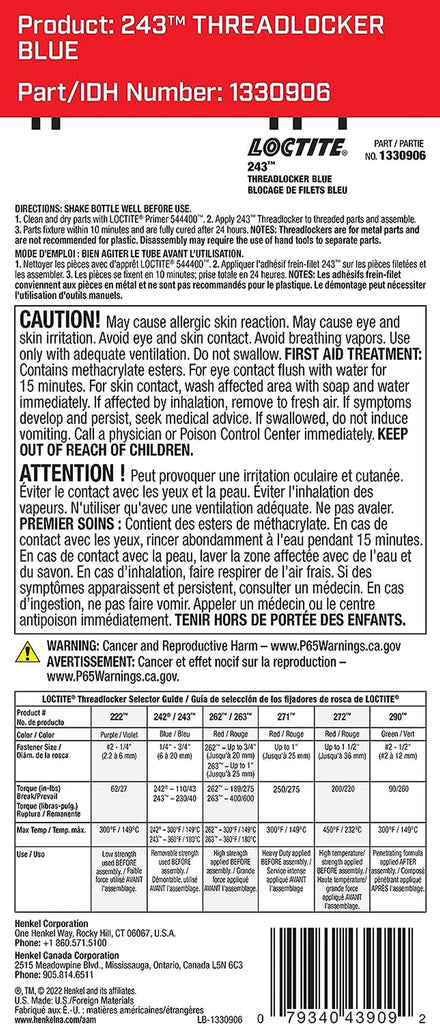 LOCTITE 243 Threadlocker for Automotive: Medium-Strength, Oil Tolerant, High-Temperature, Anaerobic, General Purpose | Blue, 36 Ml Red Bottle (PN: 1330906)