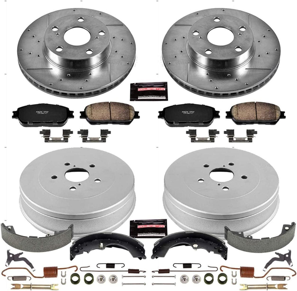 K15413DK Front and Rear Z23 Carbon Fiber Brake Pads with Drilled & Slotted Brake Drums Kit