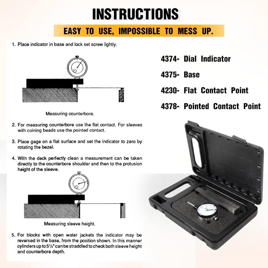 6434 Sleeve Height & Counter Bore Gauge for All Diesel Engines, Range: 0-1.00" Graduation: 0.001" Reading: 0-100