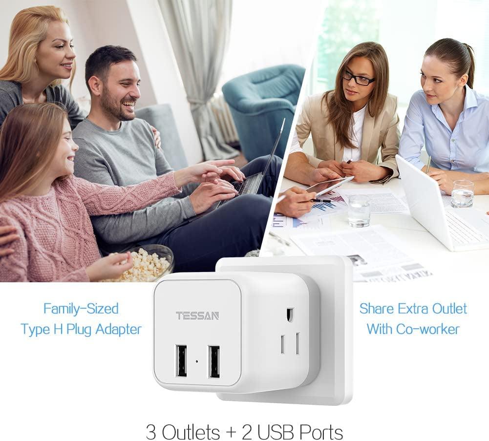 Israel Power Adapter -  US to Israel Plug Adapter with 3 Outlets 2 USB Charging Ports, Power Outlet Converter for Israel, Palestine, Jerusalem, Holy Land, Gaza Strip, Type H Output