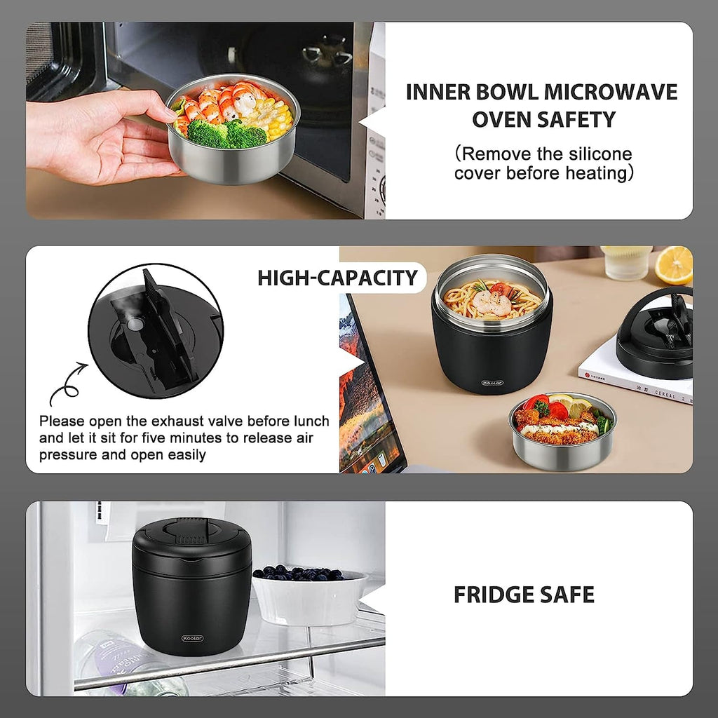 Wiwens Thermo Food Jar for Hot Food Adults 32OZ Soup Thermo Lunch Containers Wide Mouth Vacuum Insulated Stainless Steel Leakproof Bento Box with Spoon (Black)