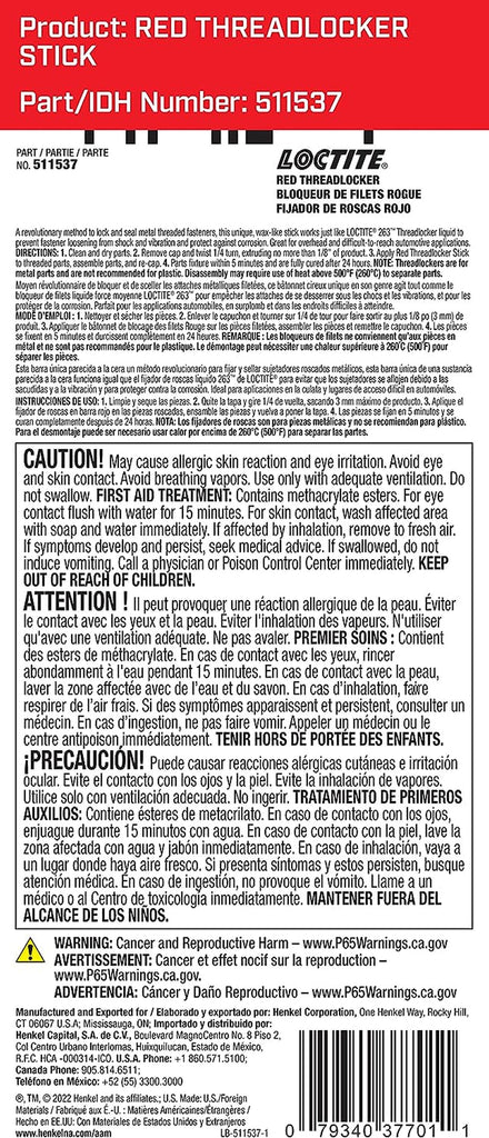 Loctite 268 Red Threadlocker Glue Stick: All-Purpose, High-Strength, Anaerobic, for Heavy-Duty Applications, Works on All Metals | Red, 9 Gram Wax Stick (PN: 37701-511537)