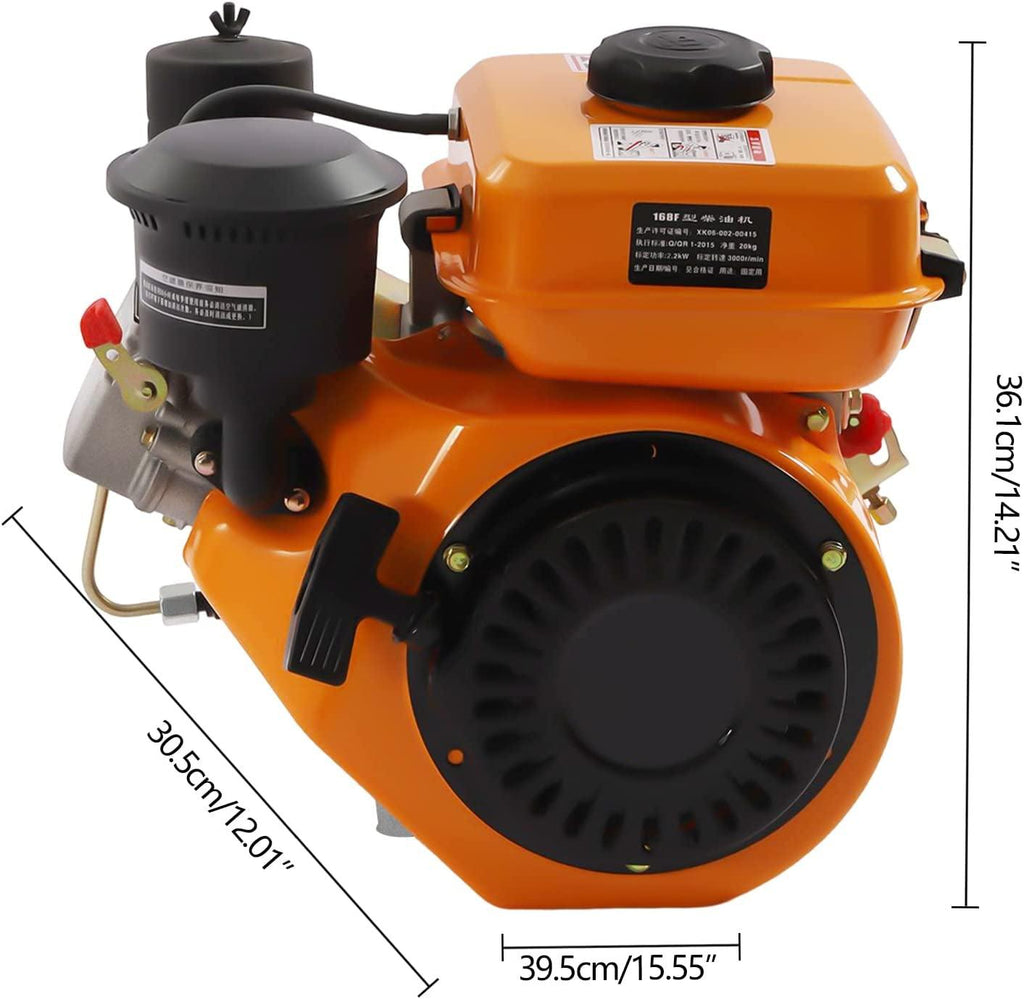 3HP Diesel Engine 196Cc 4 Stroke Engine Diesel Engine Motor Single Cylinder Forced Air Cooling Horizontal Crankshaft Engine Recoil Hand Start 3000RPM, Orange