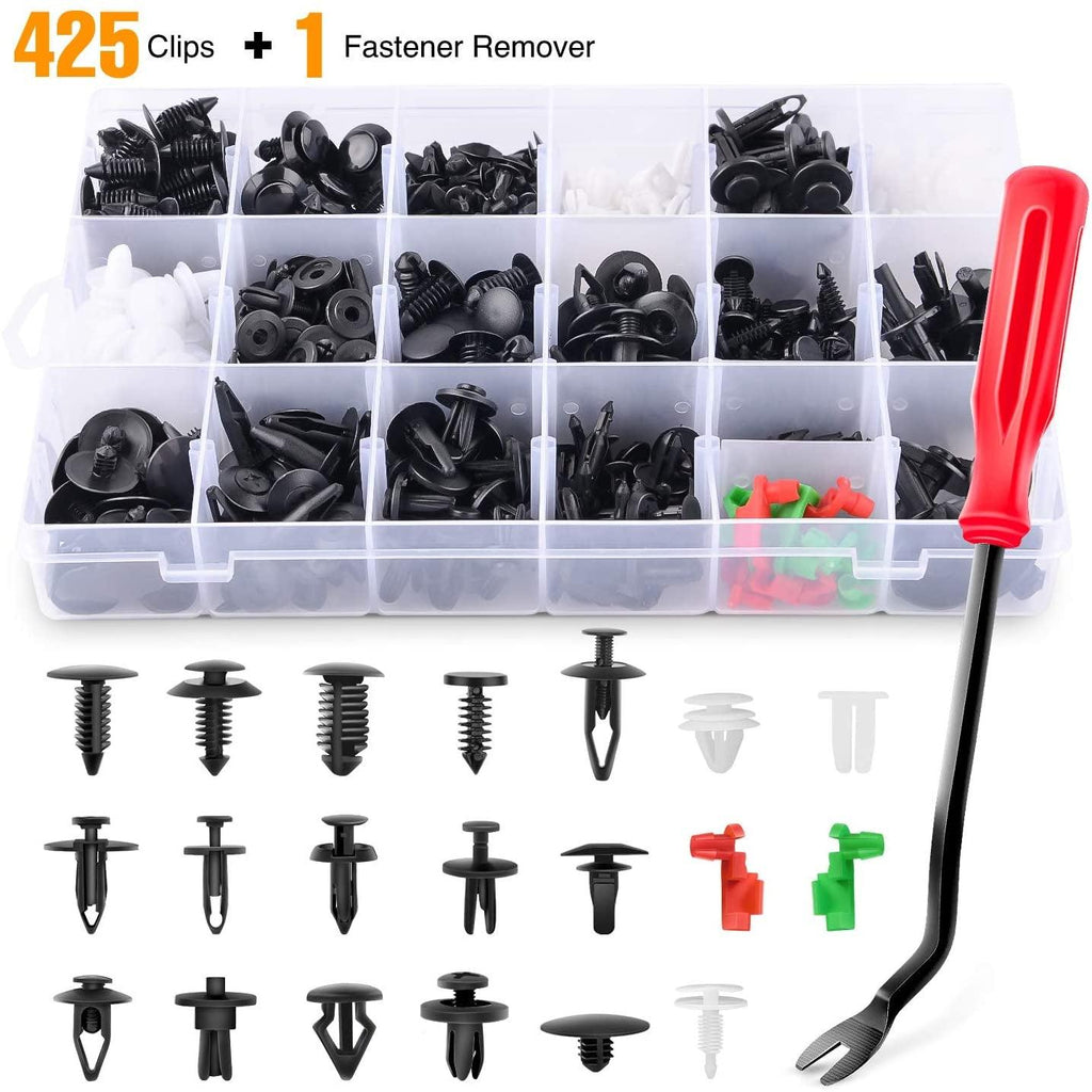 425 Pcs Car Body Retainer Clips Set Tailgate Handle Rod Clip & Fastener Remover - 19 Most Popular Sizes Auto Push Pin Rivets Set -Door Trim Panel Clips for GM Ford Toyota Honda Chrysler