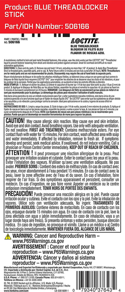 LOCTITE 248 Blue Threadlocker Glue Stick: All-Purpose, Medium-Strength, Anaerobic, No Drip, General Purpose, Works on All Metals | Blue, 9 Gram Wax Stick (PN: 37643-506166)
