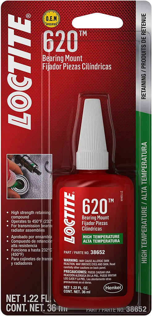 Loctite 620 High-Temperature Bearing Mount Retaining Compound: High Viscosity, Seals against Leakage, High-Strength, Locks and Secures Cylindrical Assembliesl| 36 Ml, Bottle (PN: 555338)