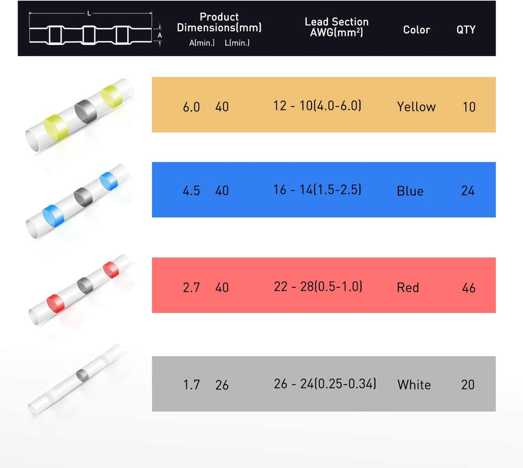 Nilight - 50025R 50Pcs Solder Seal Wire Connector, Solder Seal Heat Shrink Butt Connectors,Electrical Waterproof Insulated Marine Automotive Copper(23Red 12Blue 10White 5Yellow),2 Years Warranty
