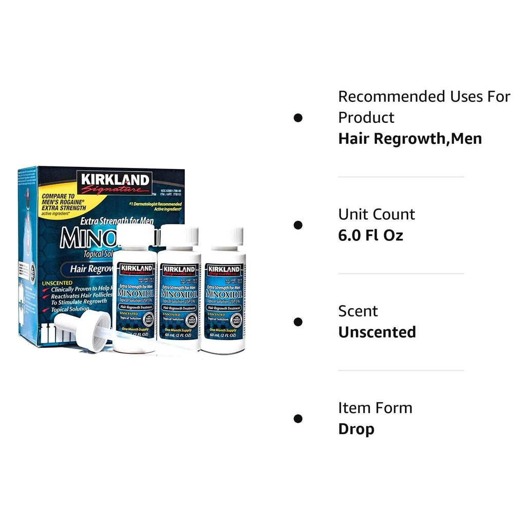 Kirkland Minoxidil 5% Topical Solution Extra Strength Hair Regrowth Treatment for Men Dropper Applicator Included (1 Month to 24 Month Supplies Available) (6 Month Supply), Clear