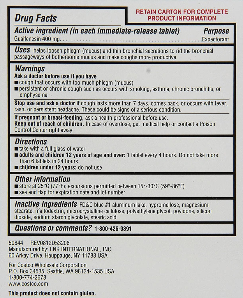 Mucus Relief Chest Expectorant (Guaifenesin 400 Mg), 2 Bottles of 200-Count Immediate-Release Tablets