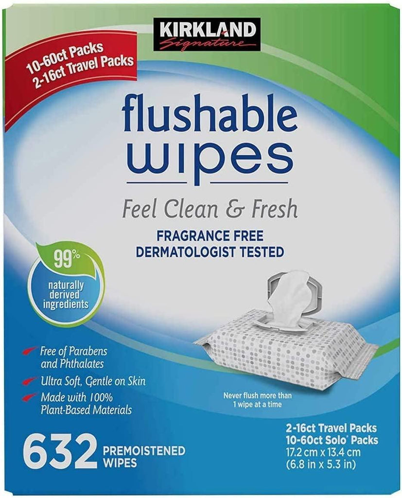 Kirkland Signature Moist Flushable Enhanced Cleansing & Freshness Ultra Soft Hypoallergenic Plant-Based Wipes - 632 Count