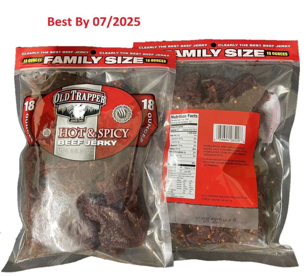 2-Pack BIG 18 OZ Old Trapper Jerky Hot And Spicy Pepper Beef Family Size