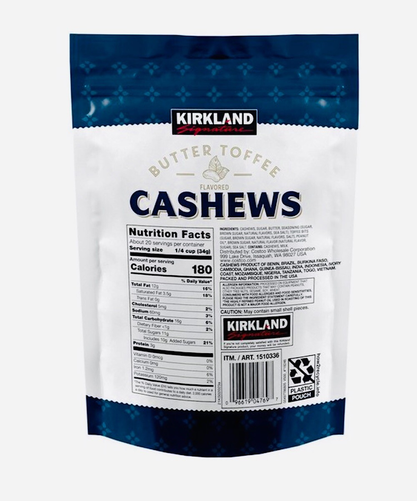 Kirkland Butter Toffee Flavored Cashews 24 Oz Bag - 2 Pack