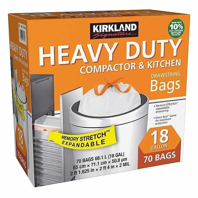 2 Packs Kirkland Heavy Duty Compactor & Kitchen Trash Bags 18 Gallon 70 CT Each