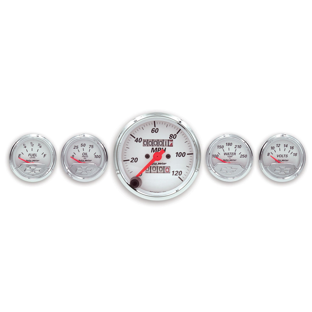 5 PC. GAUGE KIT 3-1/8 in. & 2-1/16 in.  MECH. SPEEDO. CHEVROLET HERITAGE BOWTIE