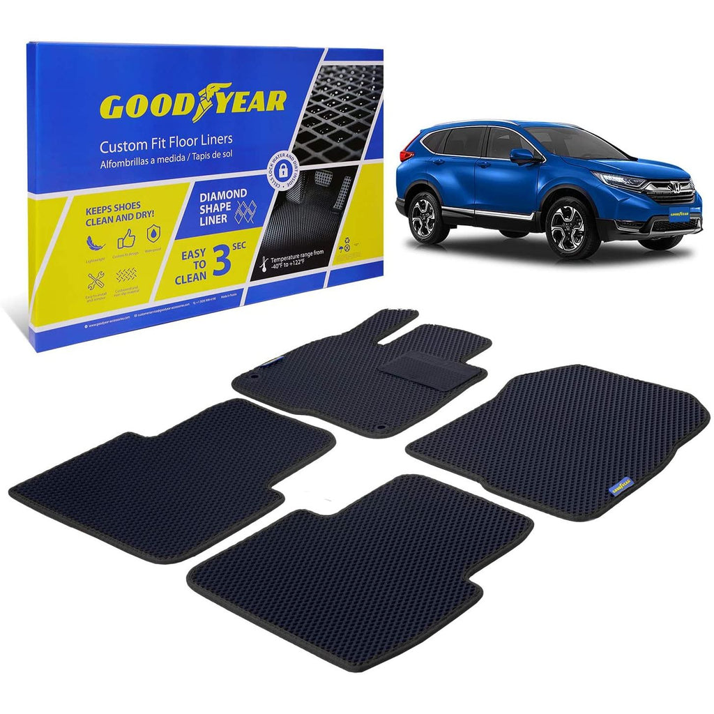 Goodyear Custom Fit Car Floor Liners for Honda CR-V 2017-2021 Black/Black 5 Pc. Set All-Weather Diamond Shape Liner Traps Dirt Liquid Rain and Dust Precision Interior Coverage - GY004090