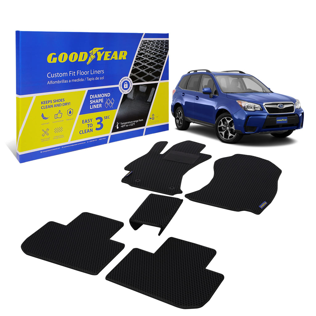 Goodyear Custom Fit Car Floor Liners for Subaru Forester 2014-2018 Black/Black 5 Pc. Set All-Weather Diamond Shape Liner Traps Dirt Liquid Rain and Dust Precision Interior Coverage - GY004399